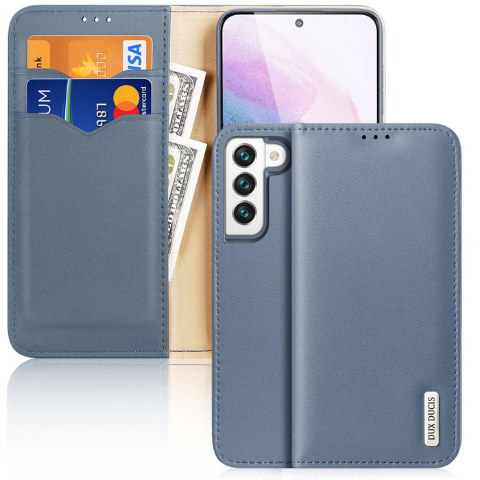 Dux Ducis Hivo Telefontok Flip Cover Valódi bőr pénztárca kártyákhoz és dokumentumokhoz Samsung Galaxy S22 Blue