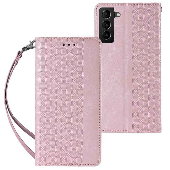 Magnetband-Hülle für Samsung Galaxy S22 + (S22 Plus) Tasche mit Geldbörse + Mini-Lanyard-Anhänger Pink