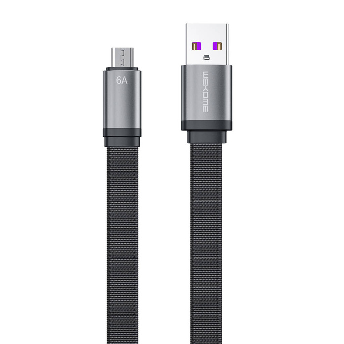 WK Design King Kong 2nd Gen série plochý USB - micro USB kabel pro rychlé nabíjení / přenos dat 6A 1,3m černý (WDC-156)