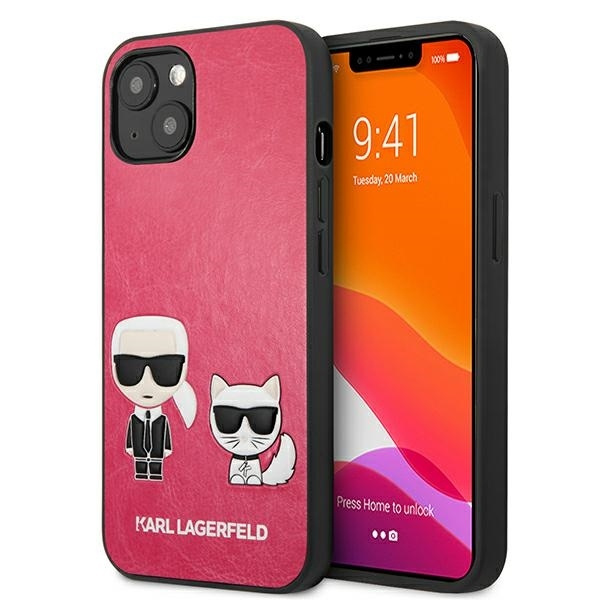 Pouzdro KARL LAGERFELD Apple iPhone 13 Mini Ikonik Karl & Choupette Fuchsia Hardcase