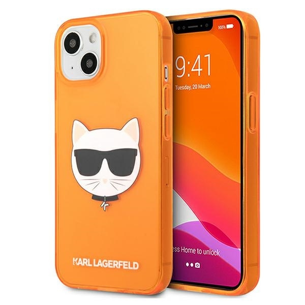 Pouzdro KARL LAGERFELD Apple iPhone 13 Mini Glitter Choupette Fluo Orange Hardcase