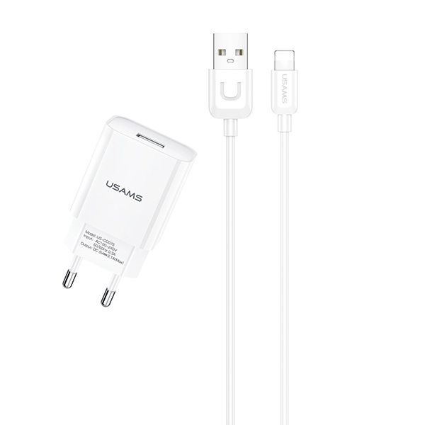 Nabíječka USAMS 1xUSB T21 Kabel Lightning 2.1A Rychlé nabíjení T21OCLN01 Bílá