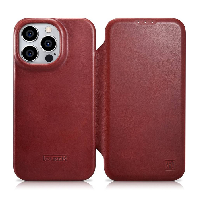 iCarer CE Oil Wax Premium Leather Folio Case Leather Case for iPhone 14 Pro Max Flip Magnetic MagSafe Red (AKI14220708-RD)