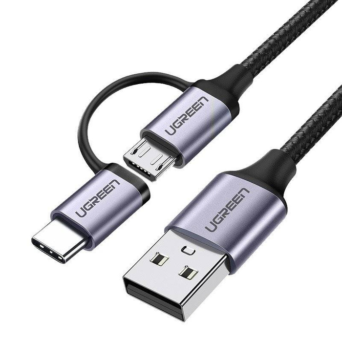 Kabel USB 2v1 UGREEN Type-C / Micro USB, QC 3.0, 1m (černošedý)