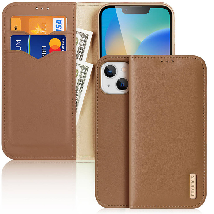 Dux Ducis Hivo Leather Flip Cover Cartera de Cuero Genuino para Tarjetas y Documentos iPhone 14 Marrón