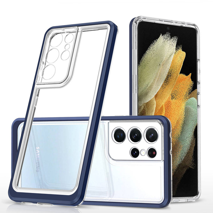 Coque transparente 3en1 pour Samsung Galaxy S23 Ultra housse en silicone avec cadre bleu