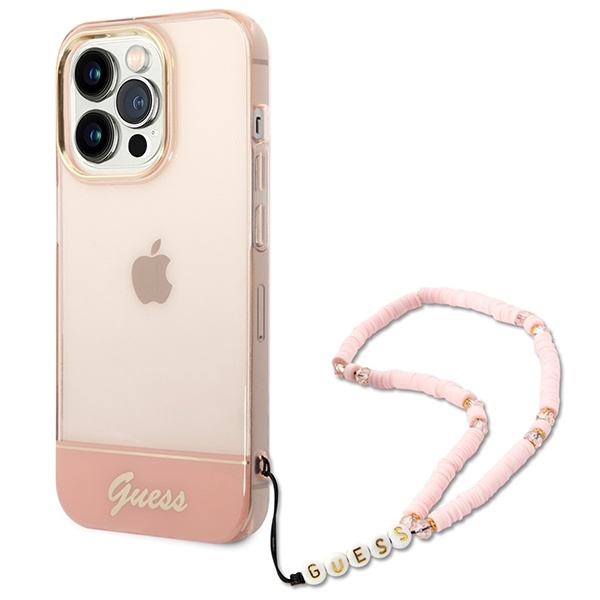 Case GUESS Apple iPhone 14 Pro Max Translucent Pearl Strap Pink Hardcase