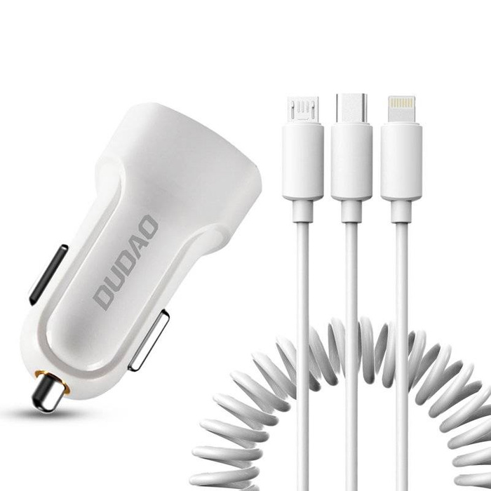 Dudao sada do auta nabíječka 2x USB 2,4A + kabel USB kabel 3v1 Lightning / Type C / micro USB bílý (R7 bílý)