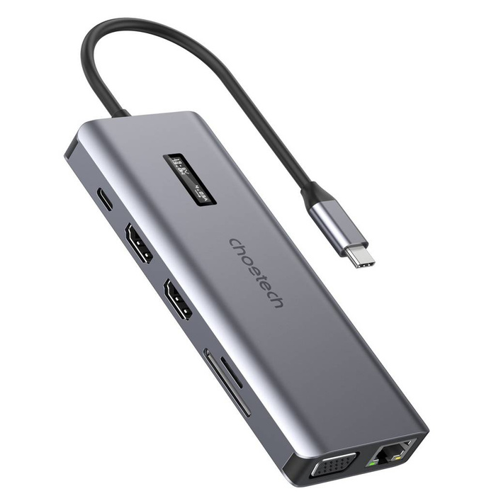 Choetech Multifunkční HUB s displejem 12v1 USB-C na USB-C / USB-A / HDMI / VGA / AUX / SD / TF šedý (HUB-M26)