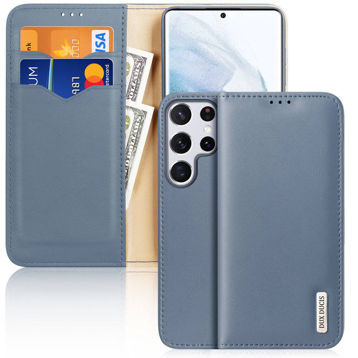 Dux Ducis Hivo Telefontok Flip Cover Valódi bőr pénztárca kártyákhoz és dokumentumokhoz Samsung Galaxy S22 Ultra Blue