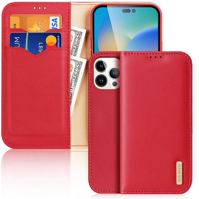 Dux Ducis Hivo Flip Cover in Pelle Portafoglio in Vera Pelle per Carte e Documenti iPhone 14 Pro Max Rosso