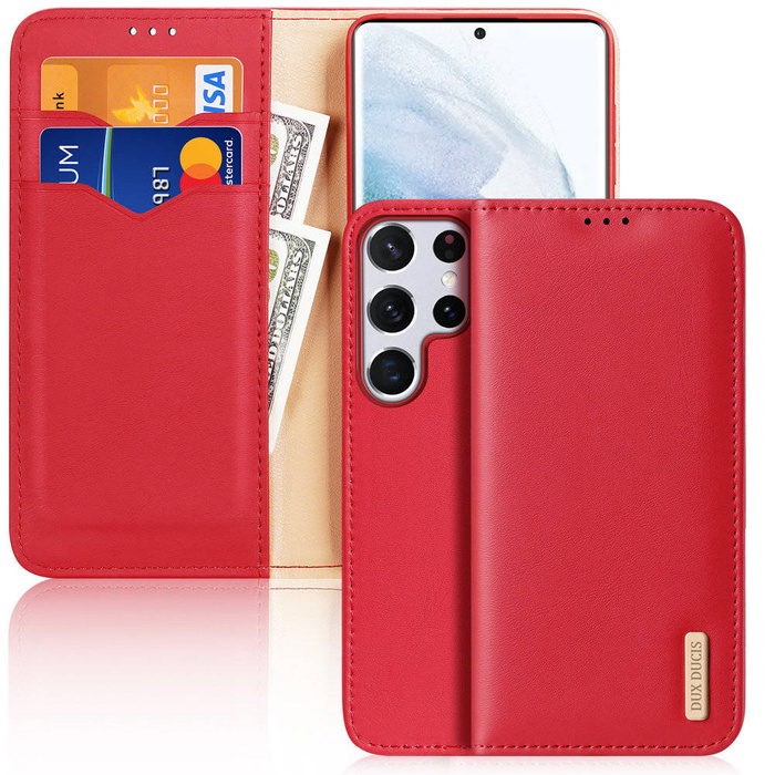 Dux Ducis Hivo Telefontok Flip Cover Valódi bőr pénztárca kártyákhoz és dokumentumokhoz Samsung Galaxy S22 Ultra Red