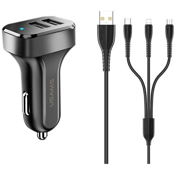 USAMS Charger caravan 2xUSB C13 2.1A 3in1 microUSB/USB-C/lightning black