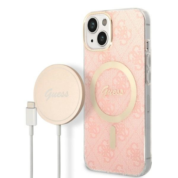 Sada Pouzdro Guess Case+ nabíječka iPhone 14 Plus 6,7" růžová/růžová hard case 4G Print MagSafe