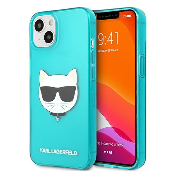 Pouzdro KARL LAGERFELD Apple iPhone 13 Glitter Choupette Fluo Blue Hardcase