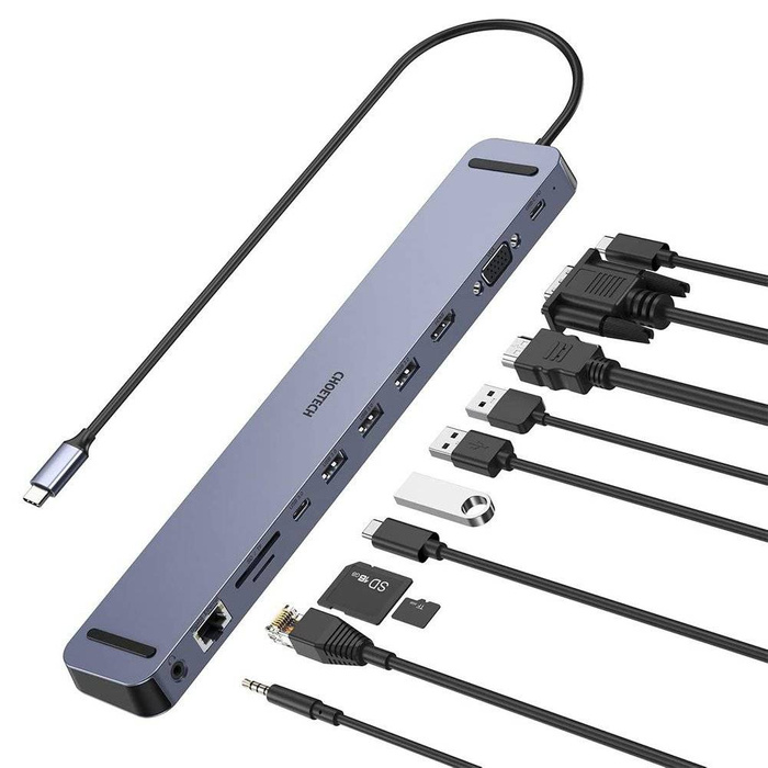 Dokovací stanice Choetech USB Typ C 11v1 100W PD adaptér šedý (HUB-M20)