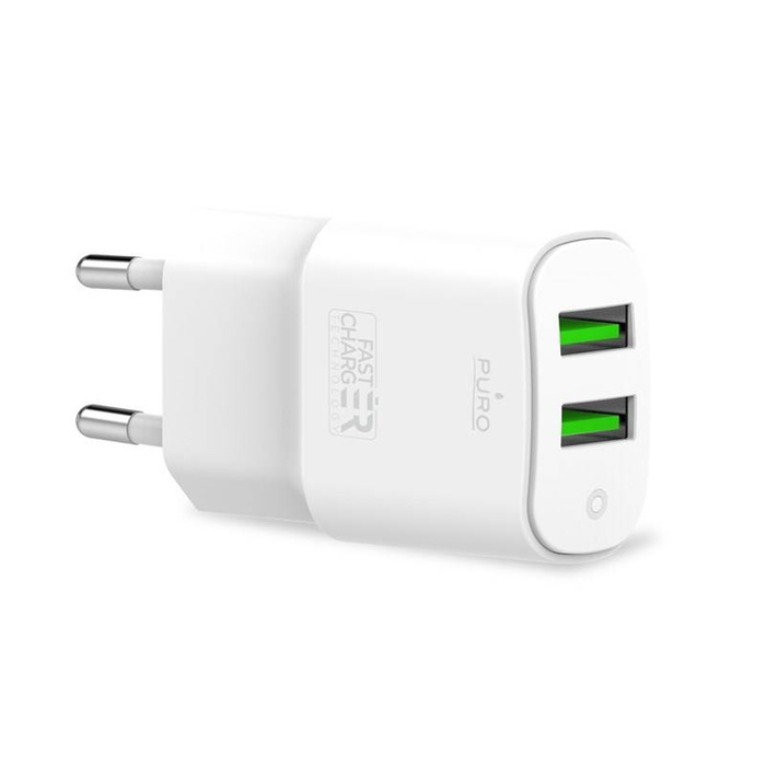 PURO White Mini Travel Fast Charger - Wall Charger 2 x USB-A 12 W (White)