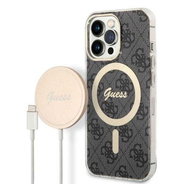 Sada Pouzdro Guess Case+ nabíječka iPhone 13 Pro černá/černá pevná case 4G Tisk MagSafe