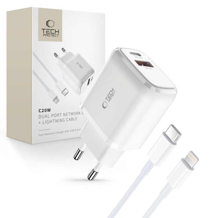 TECH-PROTECT C20W CARICATORE DI RETE A 2 PORTE PD20W/QC3.0 + CAVO LIGHTNING BIANCO