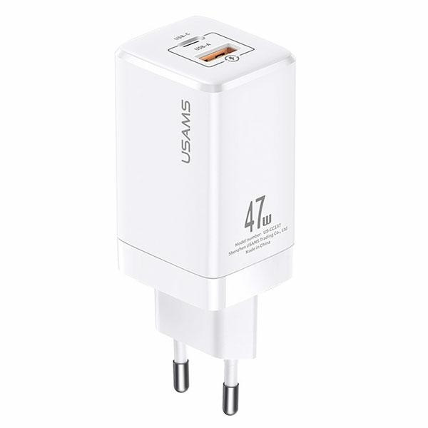 Chargement du réseau USAMS. T41 USB-C+USB GaN 47W PD+QC (tête seulement) Charge rapide blanc/blanc CC137TC02 (US-CC137)