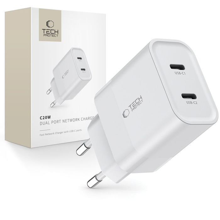 TECH-PROTECT C20W CHARGEUR RÉSEAU 2 PORTS PD20W BLANC