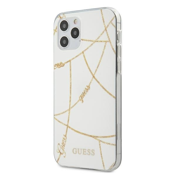 Pouzdro GUESS Apple iPhone 12 Pro Max 6.7 Gold Chain Collection GUHCP12LPCUCHWH Bílé pevné pouzdro