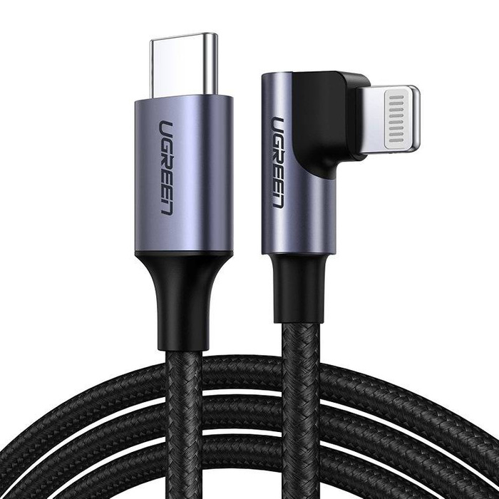 Ugreen MFI pravoúhlý kabel s boční zástrčkou USB typu C - Lightning Power Delivery 3 A 1 m šedý (60763 US305)