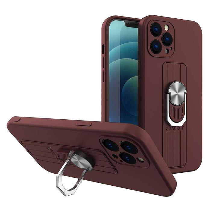 Ring Case silicone case with finger grip and stand for iPhone 12 Pro brown