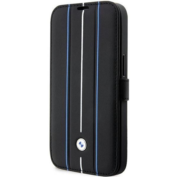 Case BMW BMBKP14X22RVSK iPhone 14 Pro Max 6.7" black/black bookcase Leather Stamp Blue Lines