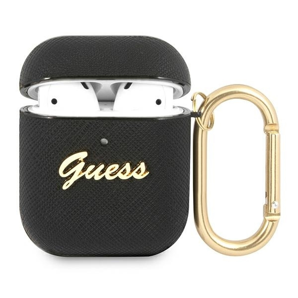 Coque GUESS Apple AirPods Saffiano Script Metal Collection Etui noir