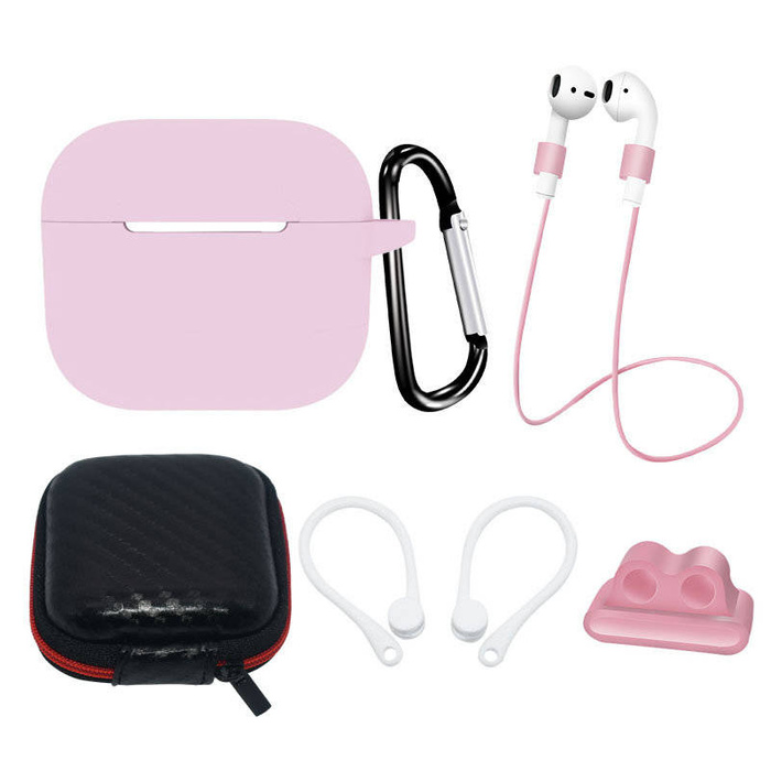 AirPods 3 Silikonhüllen-Set + Hülle/Ohrbügel/Umhängeband/Uhrenarmbandhalter/Karabinerverschluss | Rosa