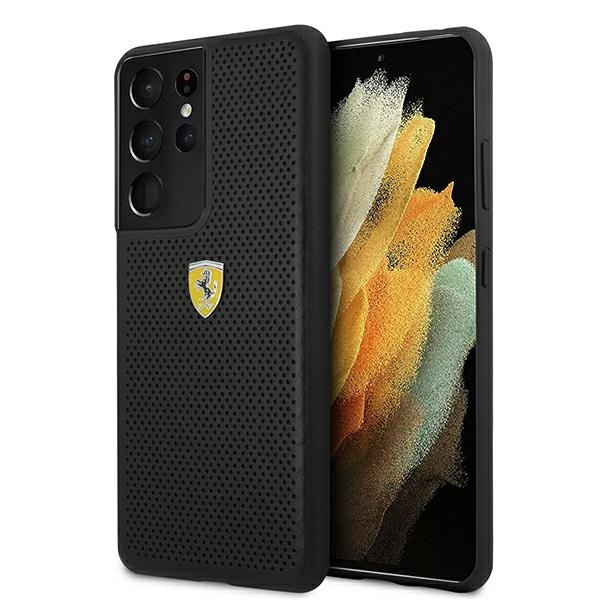 Coque FERRARI Samsung Galaxy S21 Ultra G996 On Track Etui rigide noir perforé FESPEHCS21LBK