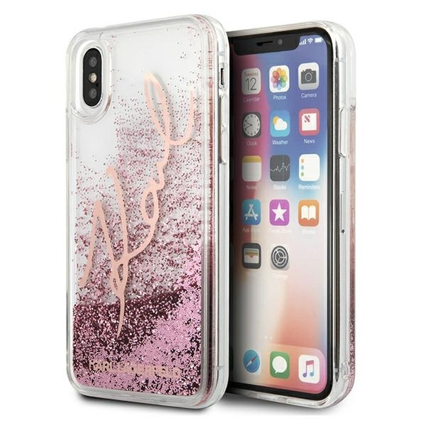 Pouzdro KARL LAGERFELD Apple iPhone X Xs Glitter Signature KLHCPXTRKSRG Růžové zlato Case