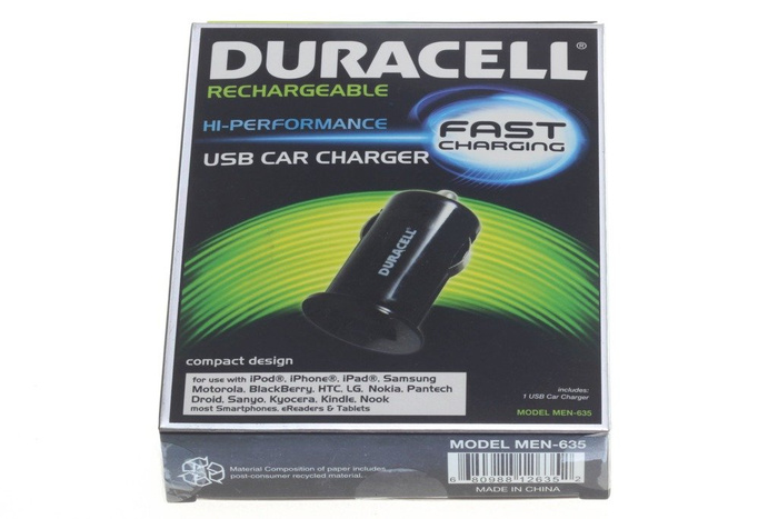 Duracell 1A USB Car Charger Universal Apple Samsung Nokia Sony