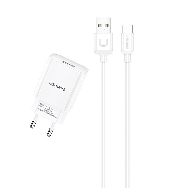 Chargeur USAMS 1xUSB T21 Câble USB-C 2.1A Fast Charging T21OCTC01 Blanc