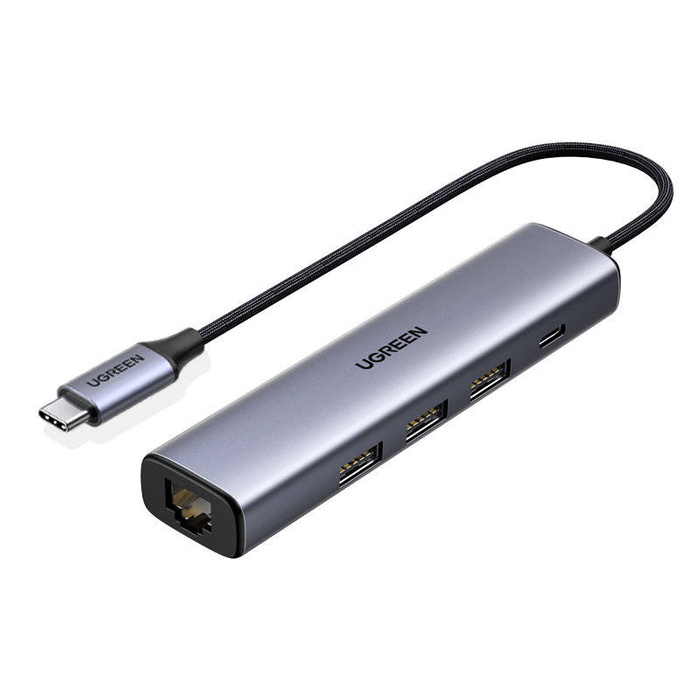 Ugreen multifunkční adaptér HUB USB Typ C - 3 x USB / Ethernet RJ-45 / USB Typ C PD šedý (CM475)