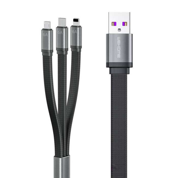 WK Design 3-in-1 cable for fast charging / USB data transmission - USB Type C / Lightning / micro USB 6A black (WDC-157th)