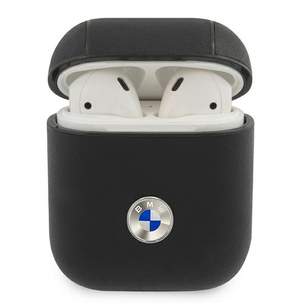 Coque BMW Apple AirPods Cover Geniune Cuir Logo Argent Etui Noir