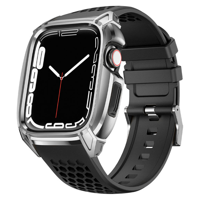 Kingxbar CYF148 2in1 Armband für Apple Watch Ultra, SE, 8, 7, 6, 5, 4, 3, 2, 1 (49, 45, 44, 42 mm) mit integriertem Edelstahl-Rüstungsgehäuse Silber