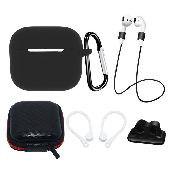 AirPods 3 Silikonhüllen-Set + Hülle/Ohrbügel/Umhängeband/Uhrenarmbandhalter/Karabinerverschluss | Schwarz