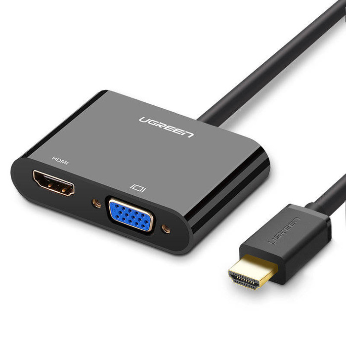 Konvertor adaptéru Ugreen mini HDMI (samec) - VGA (samice) / HDMI (samice) + 3,5 mm mini jack (samice) černý (CM101)