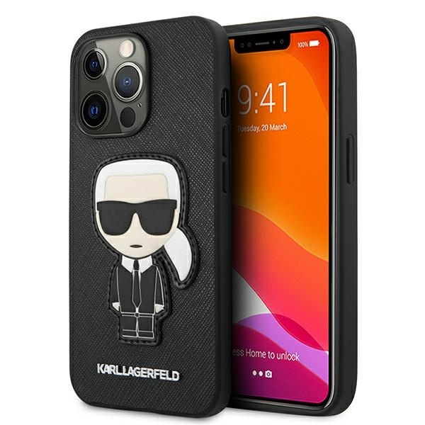 Pouzdro KARL LAGERFELD Apple iPhone 13 Pro Max Saffiano Ikonik Karl`s Patch Black Hardcase