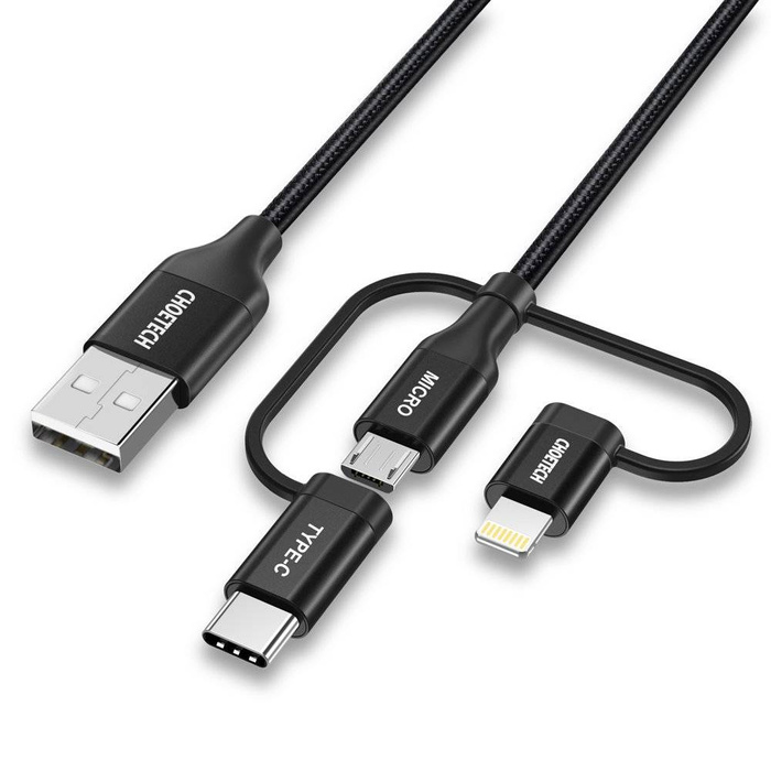 Choetech 3v1 kabel USB MFI Lightning / USB Type C / micro USB 1,2 m černý 