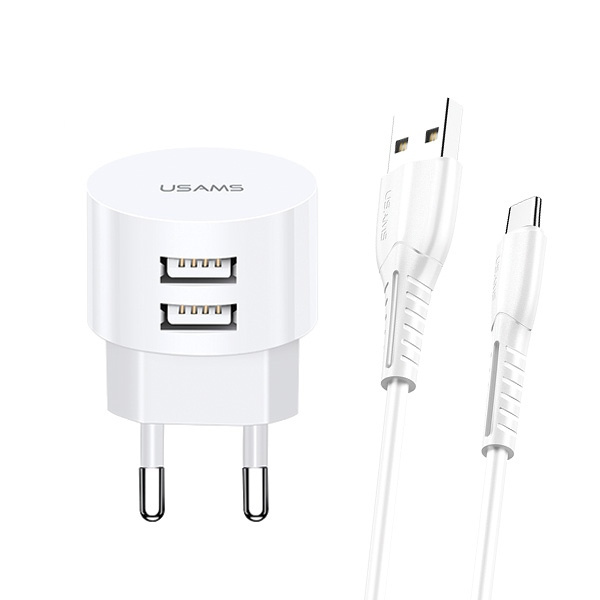 USAMS Ladegerät 2xUSB Kabel USB-C 2.1A Schnellladung Weiß