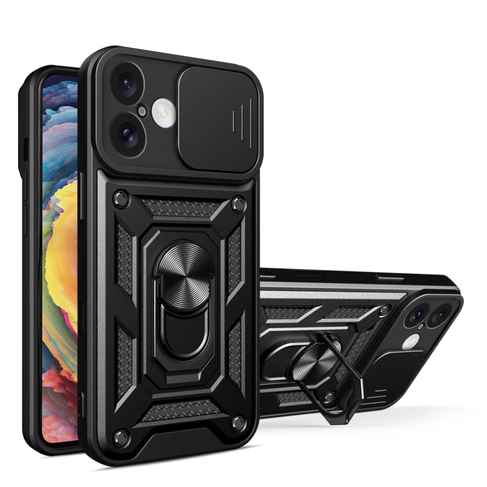 Hybrid Armor Camshield iPhone 16 Plus Panzerhülle mit Kameraabdeckung und Ständer – Schwarz