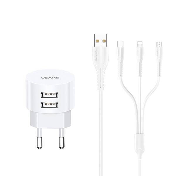 USAMS Charger 2xUSB T20 2,1A 3in1 lightning + microUSB + USB-C white Fast Charging