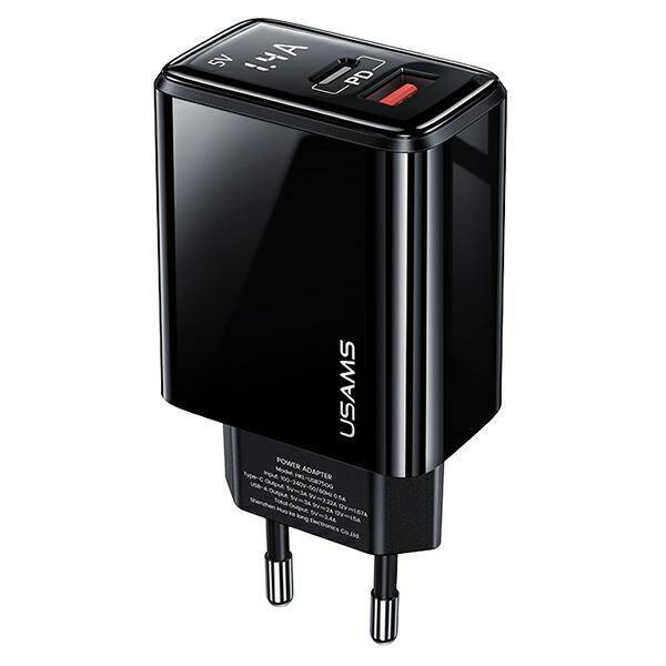 Caricatore USAMS 1xUSB-C 1xUSB-A T40 20W LED PD3.0 QuickCharge3.0 Fast Charging Black