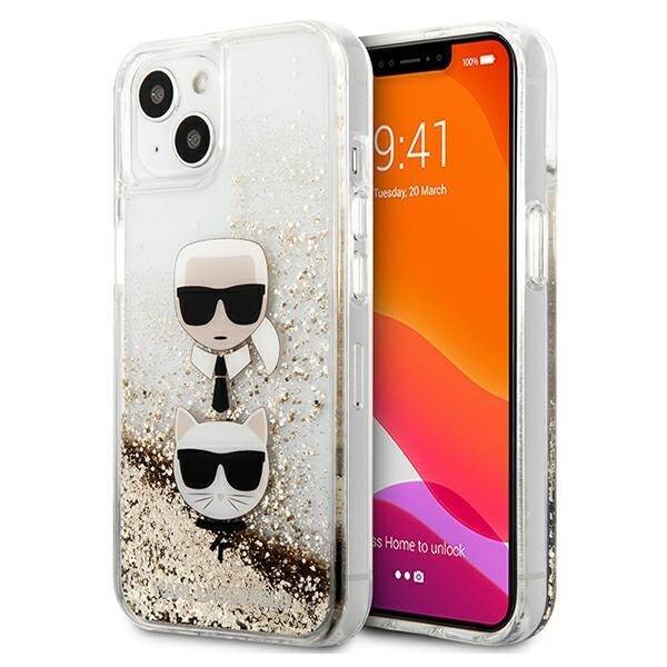 Cover KARL LAGERFELD Apple iPhone 13 Liquid Glitter Karl&Choupette Head Gold Hardcase