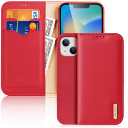 Dux Ducis Hivo Flip Cover in Pelle Portafoglio in Vera Pelle per Carte e Documenti iPhone 14 Plus Rosso