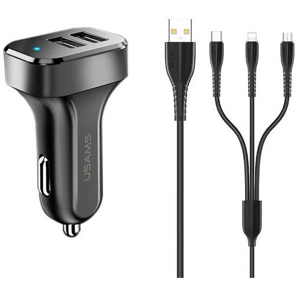 USAMS Caricatore auto 2xUSB C13 2.1A 3in1 microUSB/USB-C/lightning nero